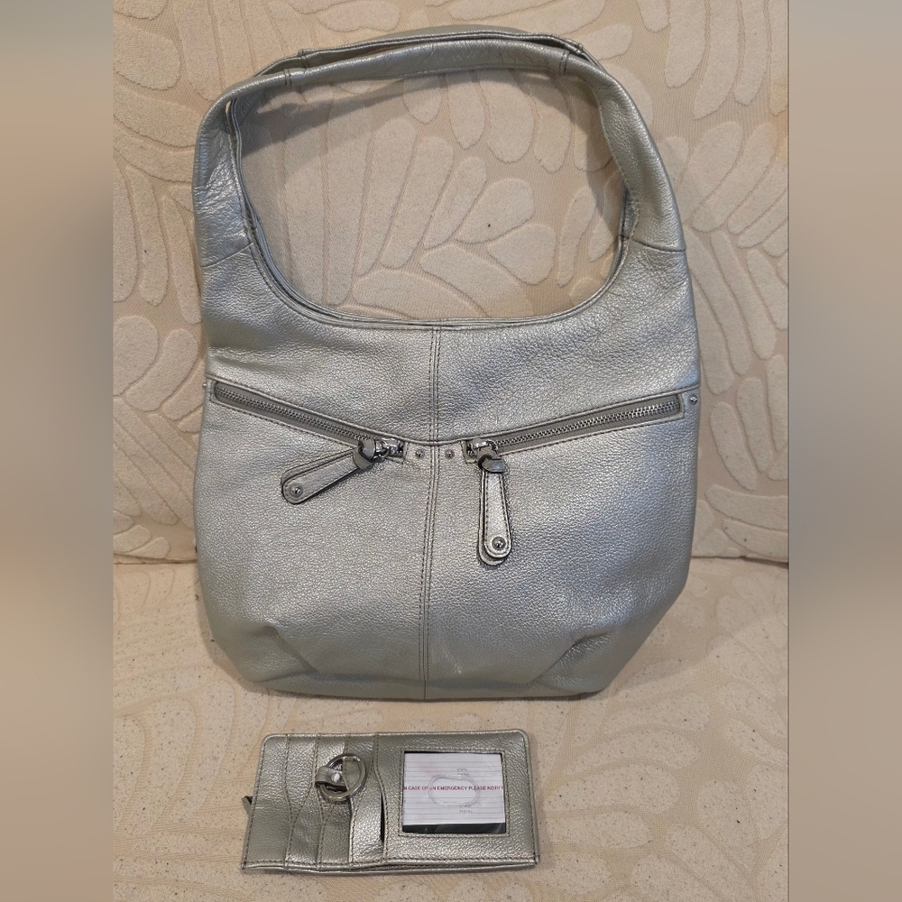 Tignanello Silver Leather Hobo Shoulder Bag